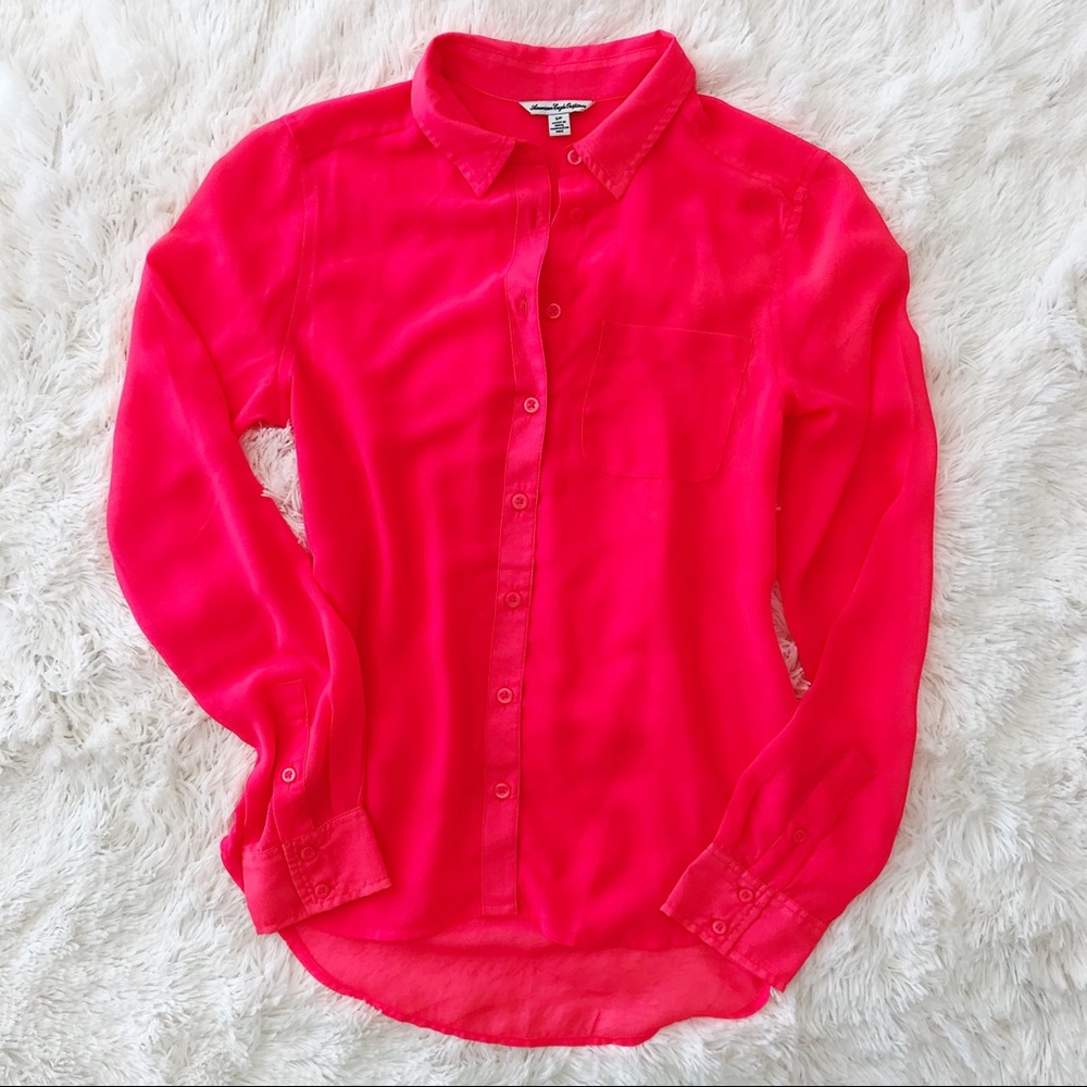 American Eagle Button Down Sheer Blouse Bright Or… - image 2